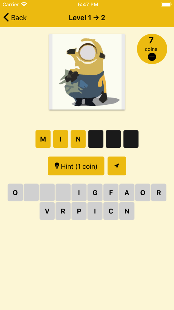 Gameplay screenshot of Guess the Cartoon quiz showing a Minion character level with a word puzzle
