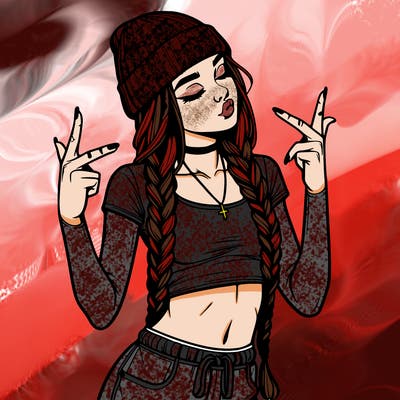 realistic teenage girl with braids and a beanie and crop top doing 🫶🏼