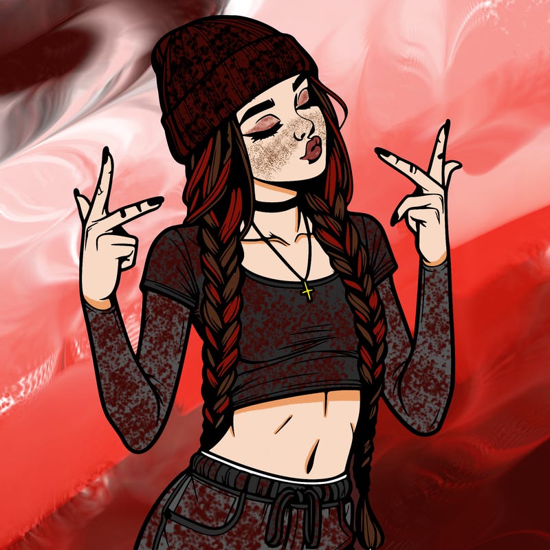 realistic teenage girl with braids and a beanie and crop top doing 🫶🏼