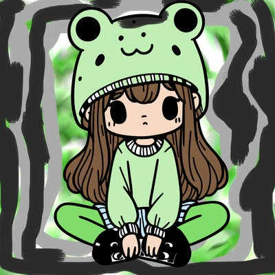 a girl wearing a frog hat and some frog socks