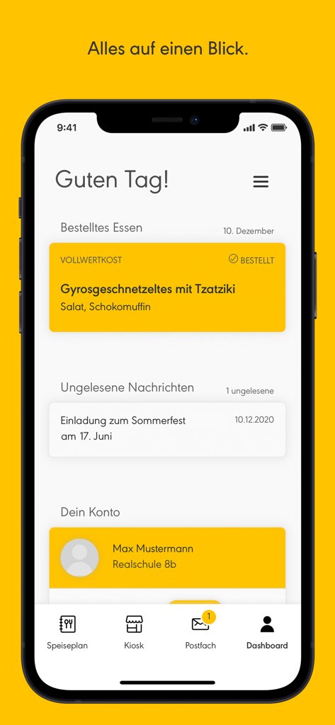 Dashboard der MensaMax Mobile App mit Schulmahlzeitenbestellungen und Kontoinformationen