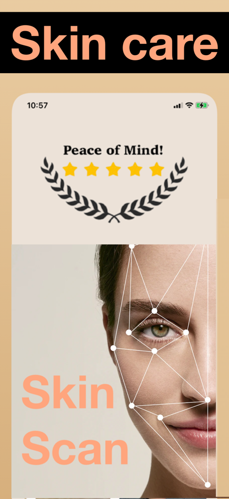 Skin Care Scanner: SkinCare - AI-powered skin care scanner app interface showing a facial scan for skin health analysis