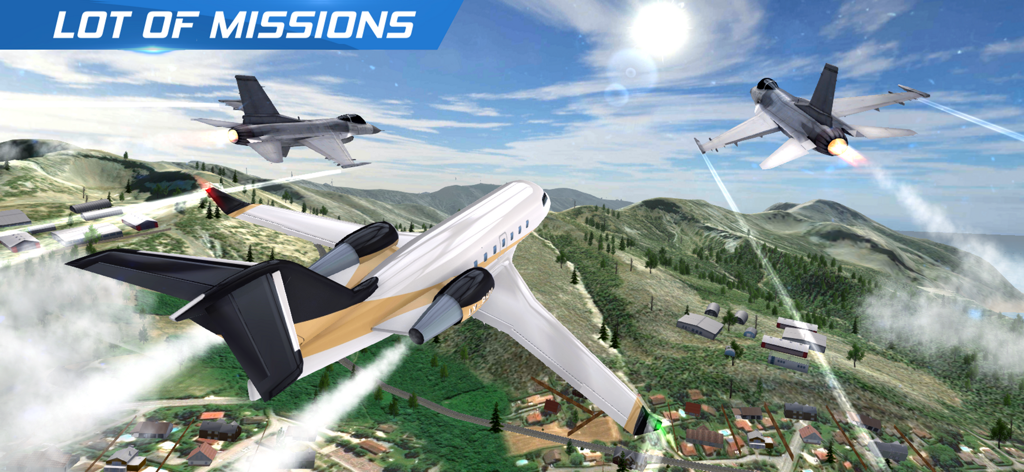 AFPS Airplane Flight Pilot Sim - A private jet being escorted by two fighter jets in a flight simulator mission over an open world landscape