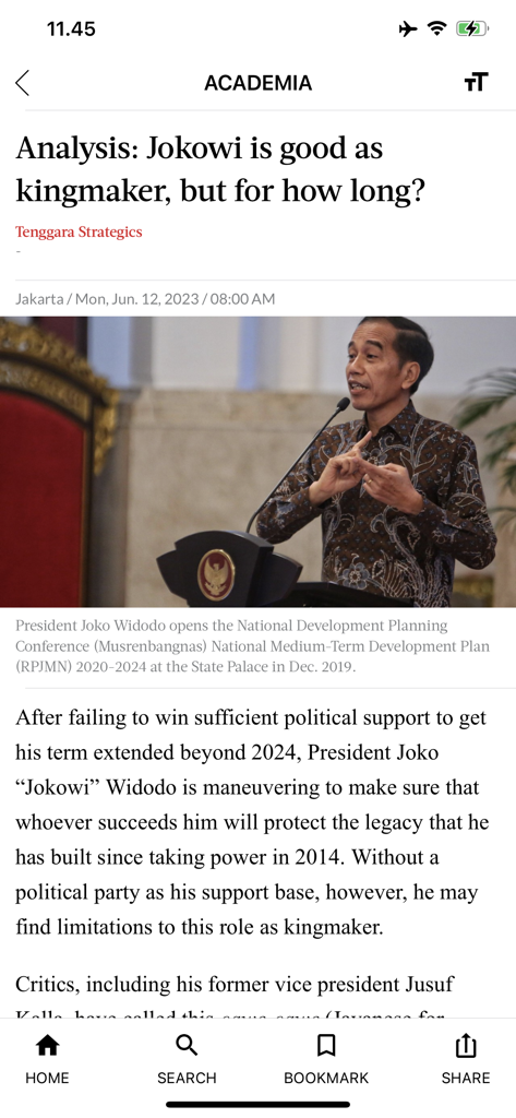 Un articolo di analisi sul Presidente Jokowi sull'app di notizie The Jakarta Post.