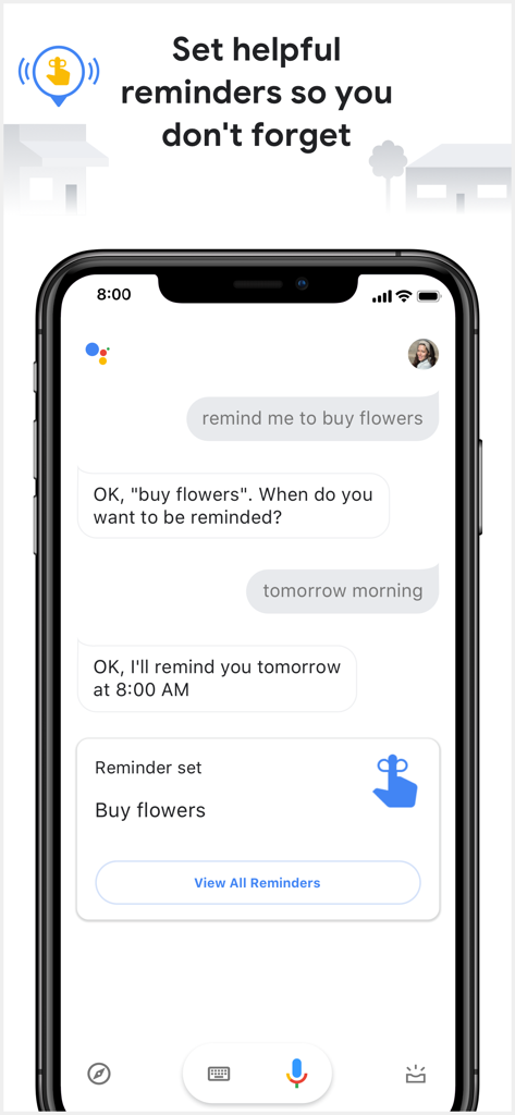 A screenshot of the Google Assistant app interface on an iPhone showing a conversational chat to set a reminder for buying flowers.