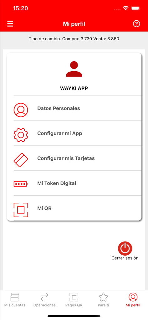 Wayki App - Caja Cusco Móvil - Tela de perfil do usuário do Wayki App mostrando opções de configuração de conta, cartão e token digital
