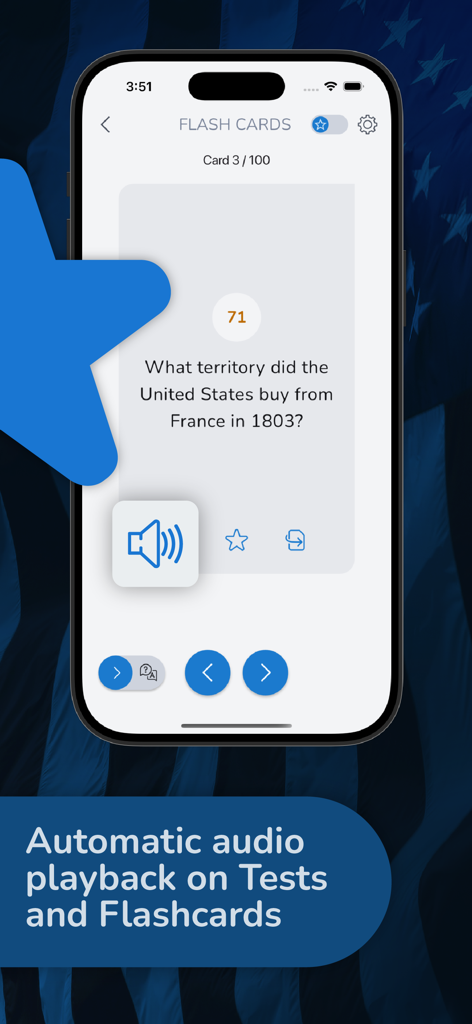 Citizen Now: US Citizenship - A mobile app screen showing a US citizenship civics flashcard with an audio icon and a banner stating automatic audio playback.
