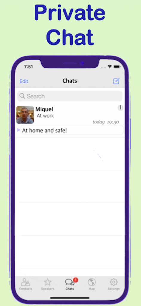 SpeakApp mobile interface displaying a private chat with safety status message