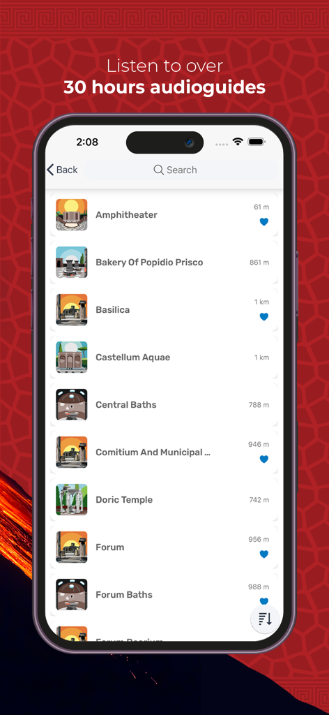 Pantalla de la aplicación móvil que muestra una lista de atracciones de Pompeya como el Anfiteatro y el Foro con audioguías disponibles y distancias