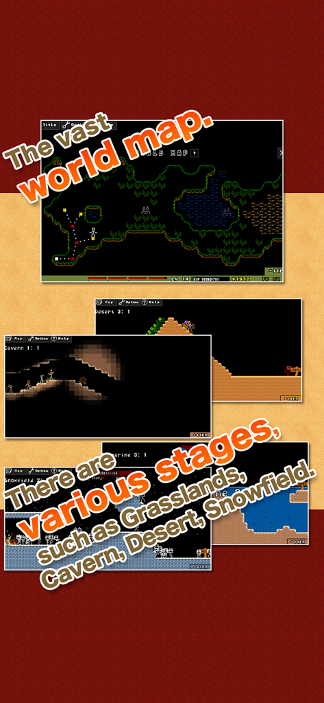 Stick Ranger world map and gameplay screenshots showing various stages like cavern and snowfield