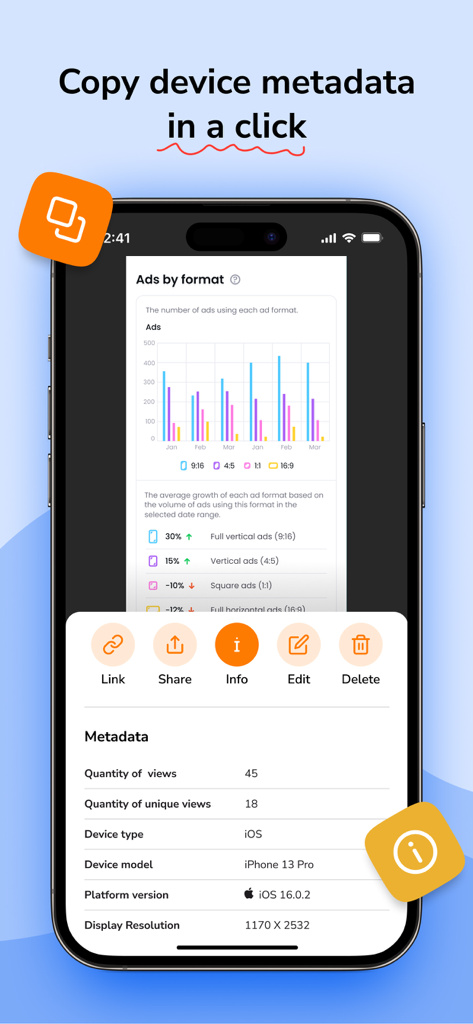 Screenia mobile app displaying device metadata including device model and OS version for a screenshot