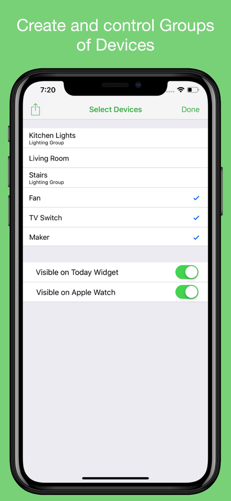 iPhone screenshot of the WSwitch app showing device selection for a smart home group with Apple Watch and widget options