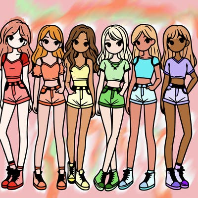 a group of girls wearing crop tops and shorts