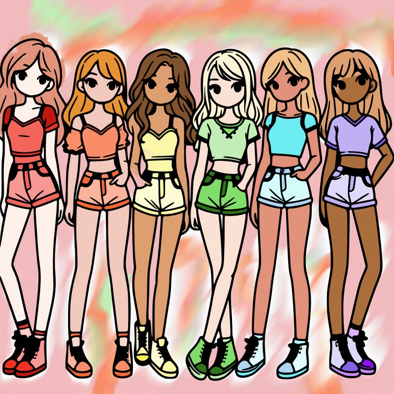 a group of girls wearing crop tops and shorts