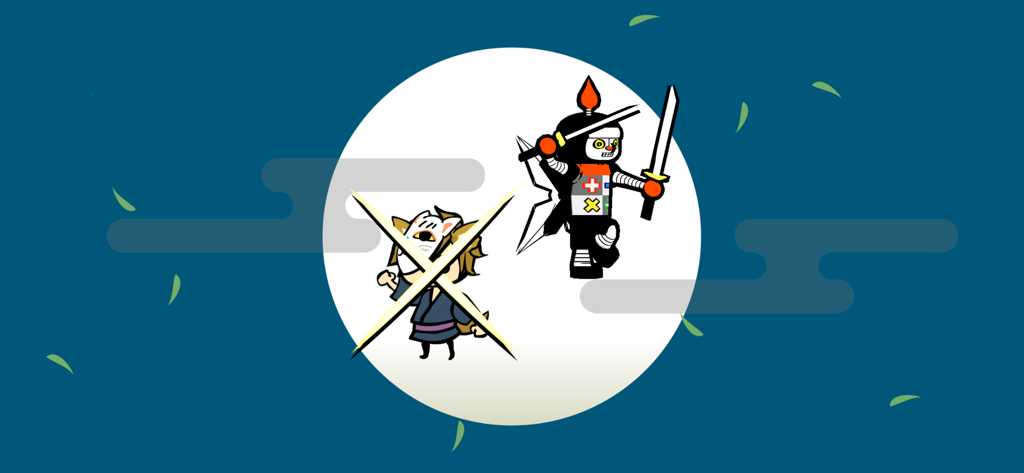 Math Ninjas - A ninja character with math symbols on its armor holding a sword in front of a large moon