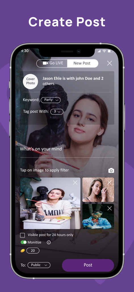 Lively - Lively app interface for creating a new social post with monetization and cookie gift features enabled.