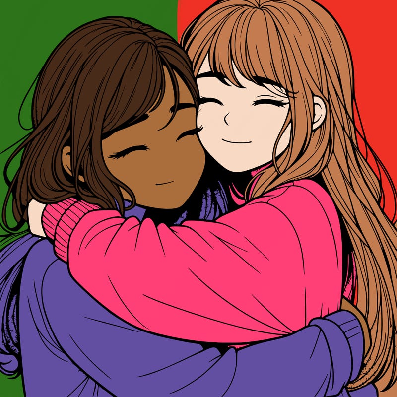 realistic two girls hugging