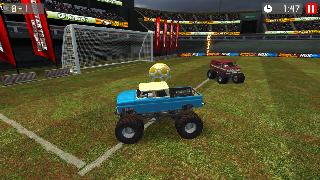 Monster Truck Soccer - Two monster trucks playing soccer with a giant ball in a stadium
