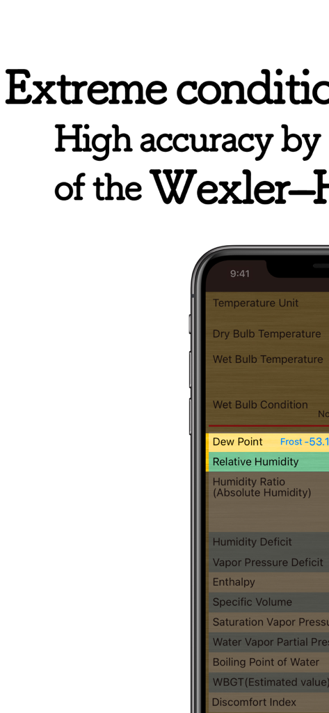 Smartphone screen displaying HumidCalc app with various environmental and humidity calculation metrics