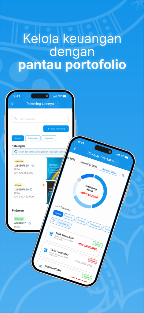 DG by Bankaltimtara - DG by Bankaltimtara mobile app screens showing account portfolio and transaction history overview