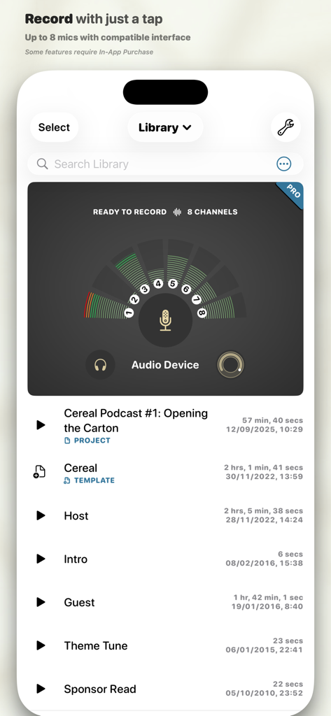 Interface da aplicação Ferrite Recording Studio mostrando uma lista de projetos de podcast e um medidor de gravação de áudio de 8 canais