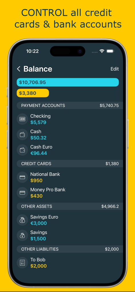 Money Pro 앱 잔액 화면에 iPhone에서 결제 계정, 신용 카드, 자산 및 부채가 표시됩니다.