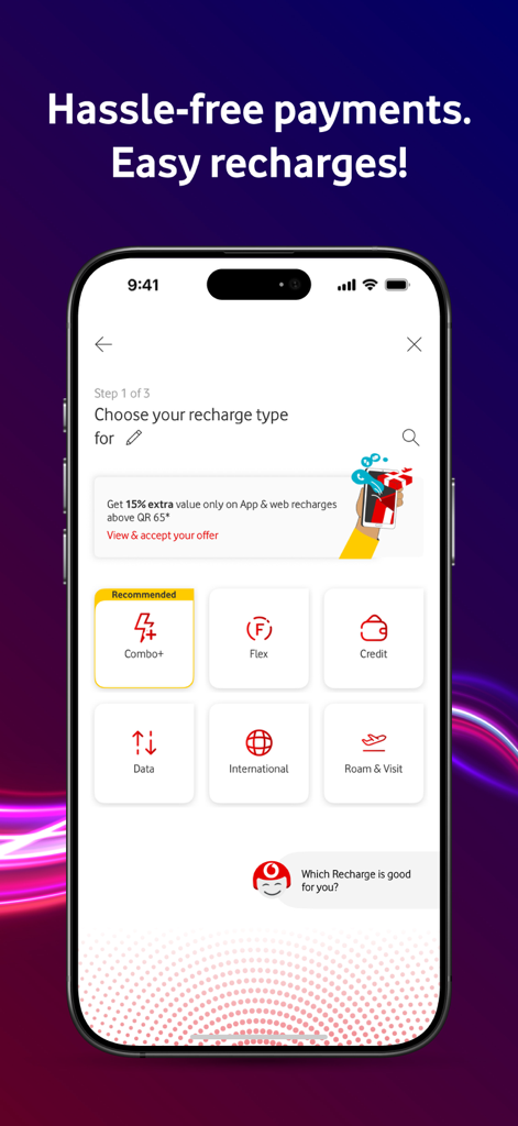 My Vodafone Qatar mobile app interface showing a menu to choose recharge types like Combo Plus, Flex, Credit, Data, and International