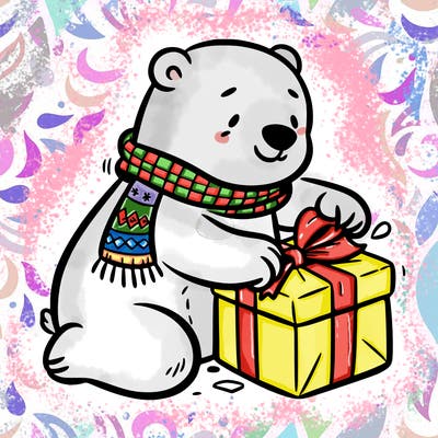 polar bear wrapping a present