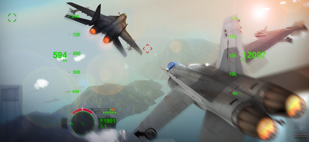 Jet da combattimento impegnati in un dogfight sopra isole con elementi HUD in AirFighters Combat Flight Sim