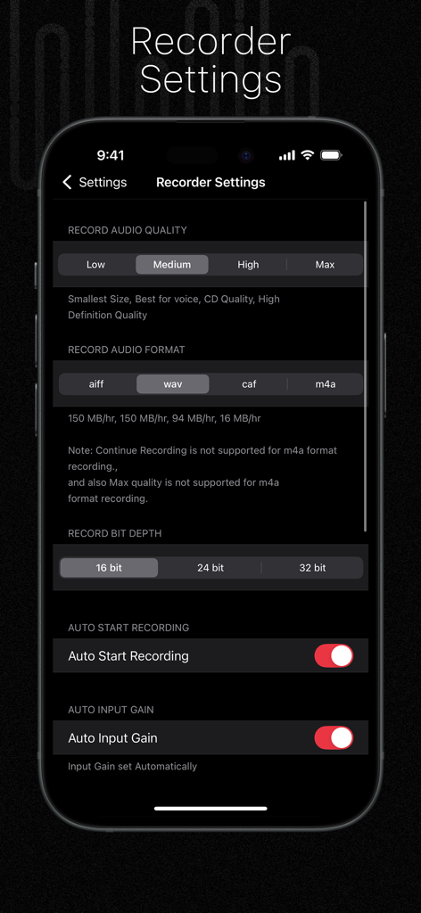 iPhone screen showing professional audio recorder settings for quality format and bit depth