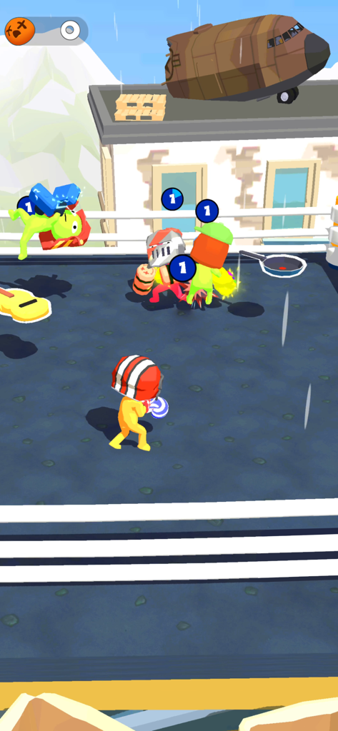 Stickman Boxing Battle 3D - スティックマンキャラクターが、ラグドール物理学とインタラクティブなアイテムを備えた建物の屋上で戦っている。