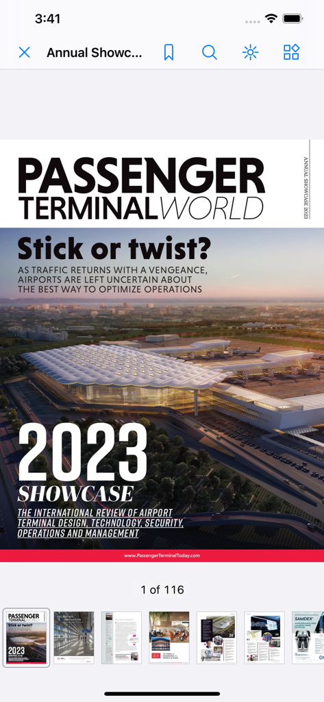 Passenger Terminal World - Cover des digitalen Magazins Passenger Terminal World 2023 Showcase mit einer Illustration eines Flughafen-Terminals.