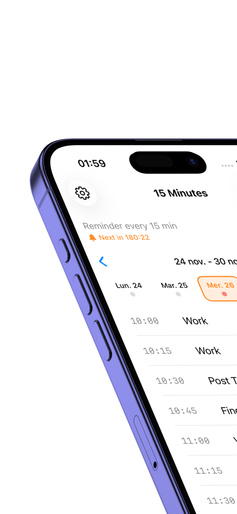 Écran de smartphone affichant le calendrier de l'application 15 Minutes avec les tâches enregistrées par tranches de 15 minutes.