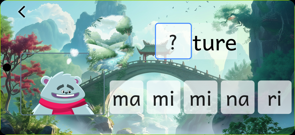 Jeu d'apprentissage de la langue française pour enfants montrant un exercice de complétion de syllabes.
