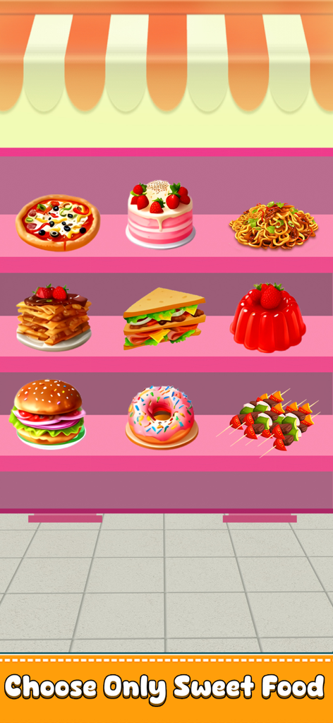 Eating Food Games: ASMR Games - Una pantalla de juego móvil que muestra varios alimentos en estantes con un mensaje de texto para elegir solo comida dulce.