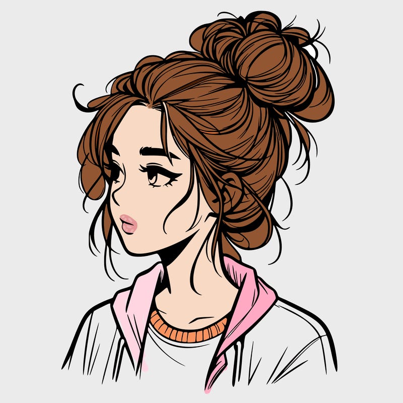 realistic teenage girl with a messy bun