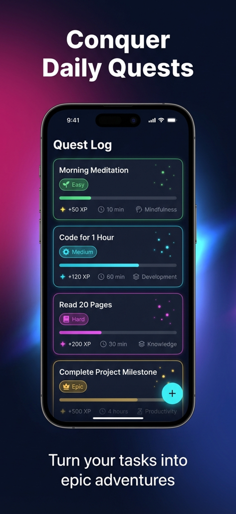 QuestFlow: Life Gamified - QuestFlow mobile app screen showing a quest log with gamified tasks for meditation, coding, and reading featuring XP rewards and difficulty levels