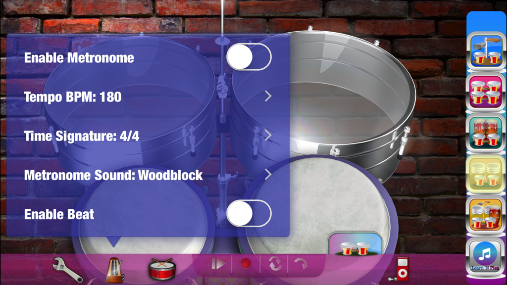 Metronome and tempo settings menu overlay on a virtual percussion drum set in the Bongos! Bongos! app.