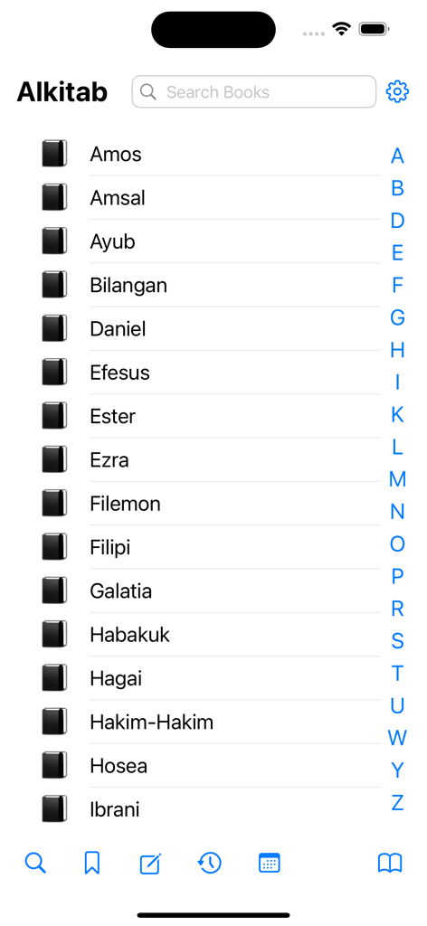 Alkitab - Navigation screen of the Alkitab app showing a list of Bible books in Indonesian language