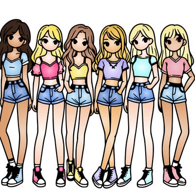 a group of girls wearing crop tops and shorts