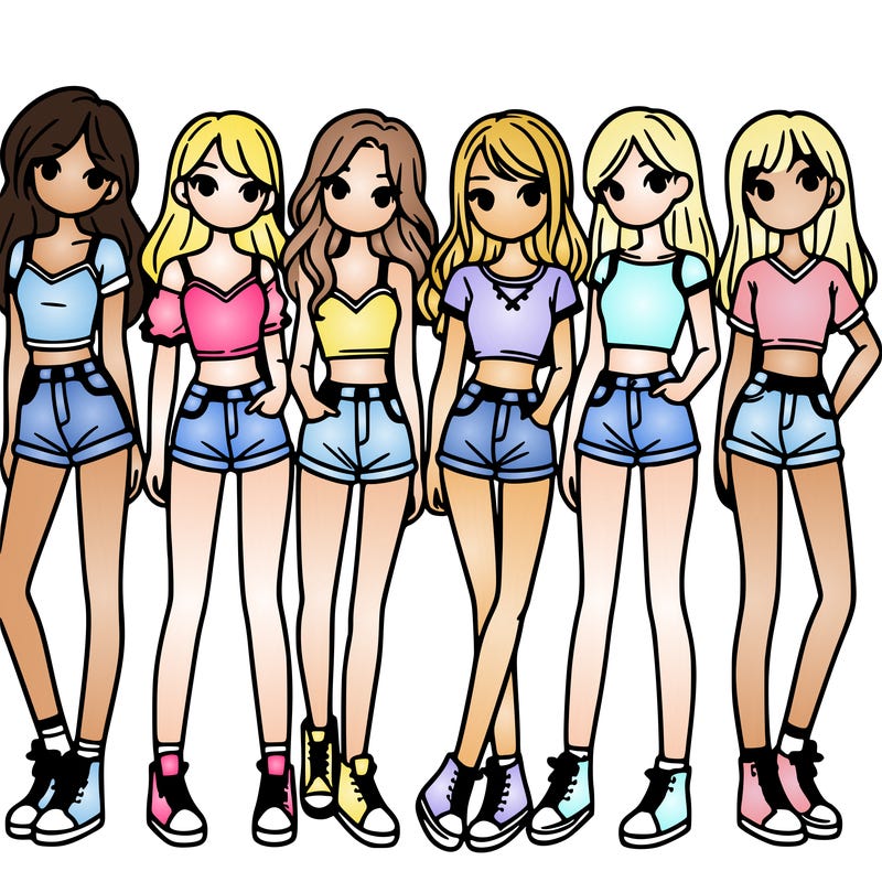 a group of girls wearing crop tops and shorts