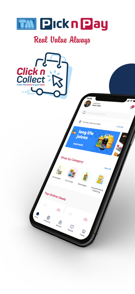 Interfaz de la aplicación de compras móviles TM Pick n Pay con categorías de comestibles.