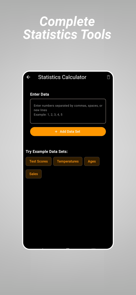 Interfaz de la calculadora de estadísticas en la aplicación Calculator Pro y Math Solver con opciones de entrada de datos.