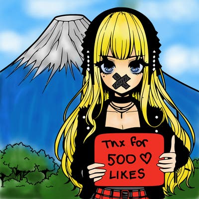 one edgy,  gothic anime girl holding a blank sign.  mt. fuji behind her