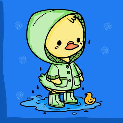 baby duck in a rain coat and boots, in a puddle while it’s raining