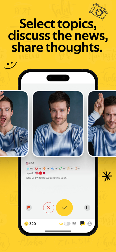 CR Video Chat - Interfaz de la aplicación CR Video Chat que muestra el perfil de un usuario con temas de discusión de noticias e intereses lingüísticos