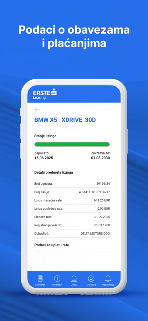 Erste Leasing Srbija - A mobile app screenshot of Erste Leasing Srbija showing lease contract details and payment status for a BMW X5.