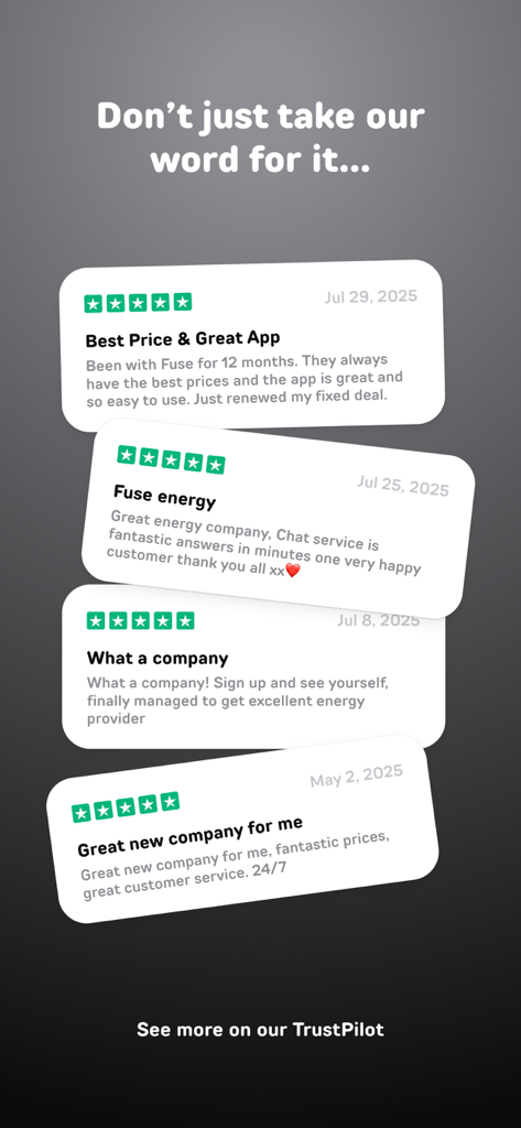 Fuse Energy - A display of positive five-star customer reviews for the Fuse Energy app highlighting its price and ease of use.