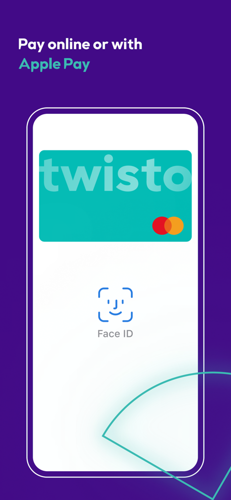 Tarjeta digital de Twisto en la pantalla de un smartphone con autenticación Apple Pay y Face ID.