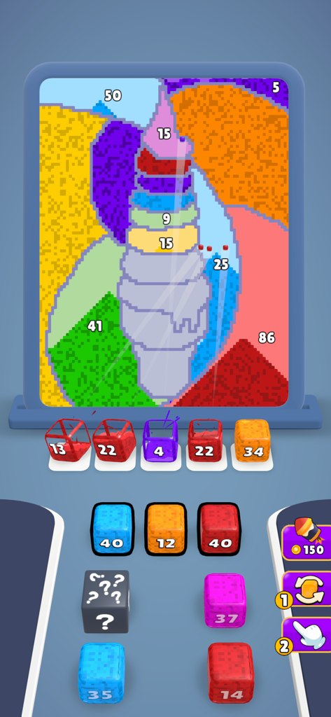 Gameplay screenshot of Sand Jam showing a pixel art ice cream being filled with colorful sand